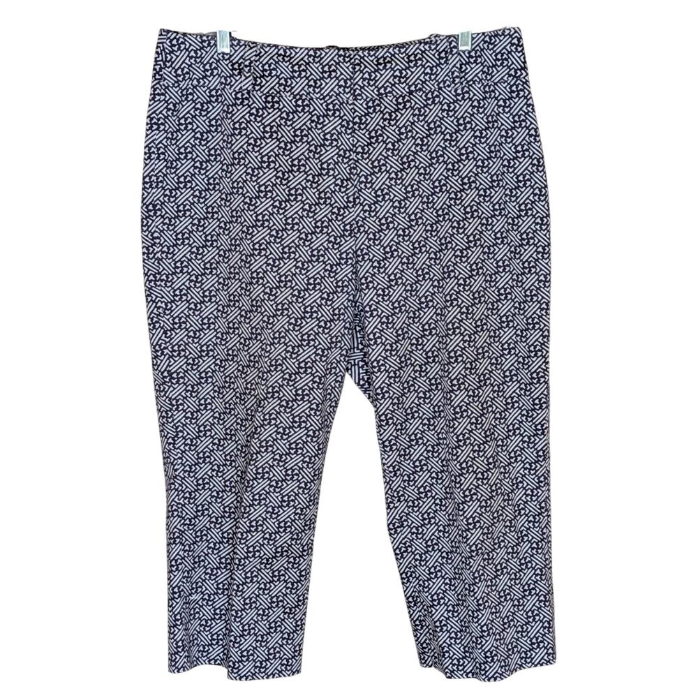 TALBOTS Womens 16 Cotton Stretch Capris Pants Zip Purple White Geometric Print